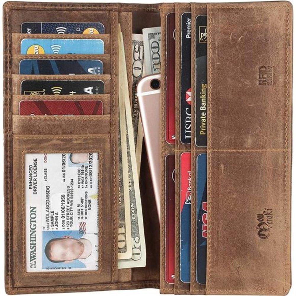 RFID Blocking Mens Genuine leather Bifold Long Wallet